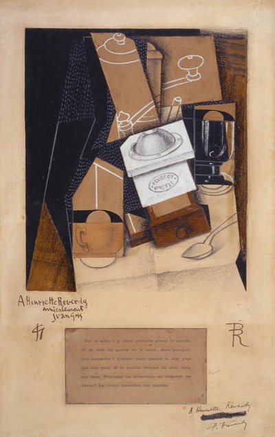 Molino de café, taza y vaso sobre una mesa de Juan Gris